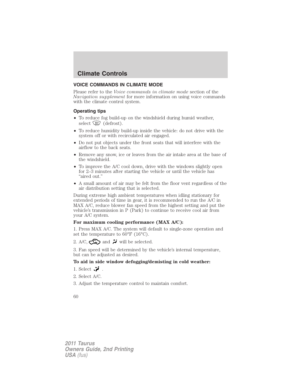Voice commands in climate mode, Operating tips, Climate controls | FORD 2011 Taurus v.2 User Manual | Page 60 / 404
