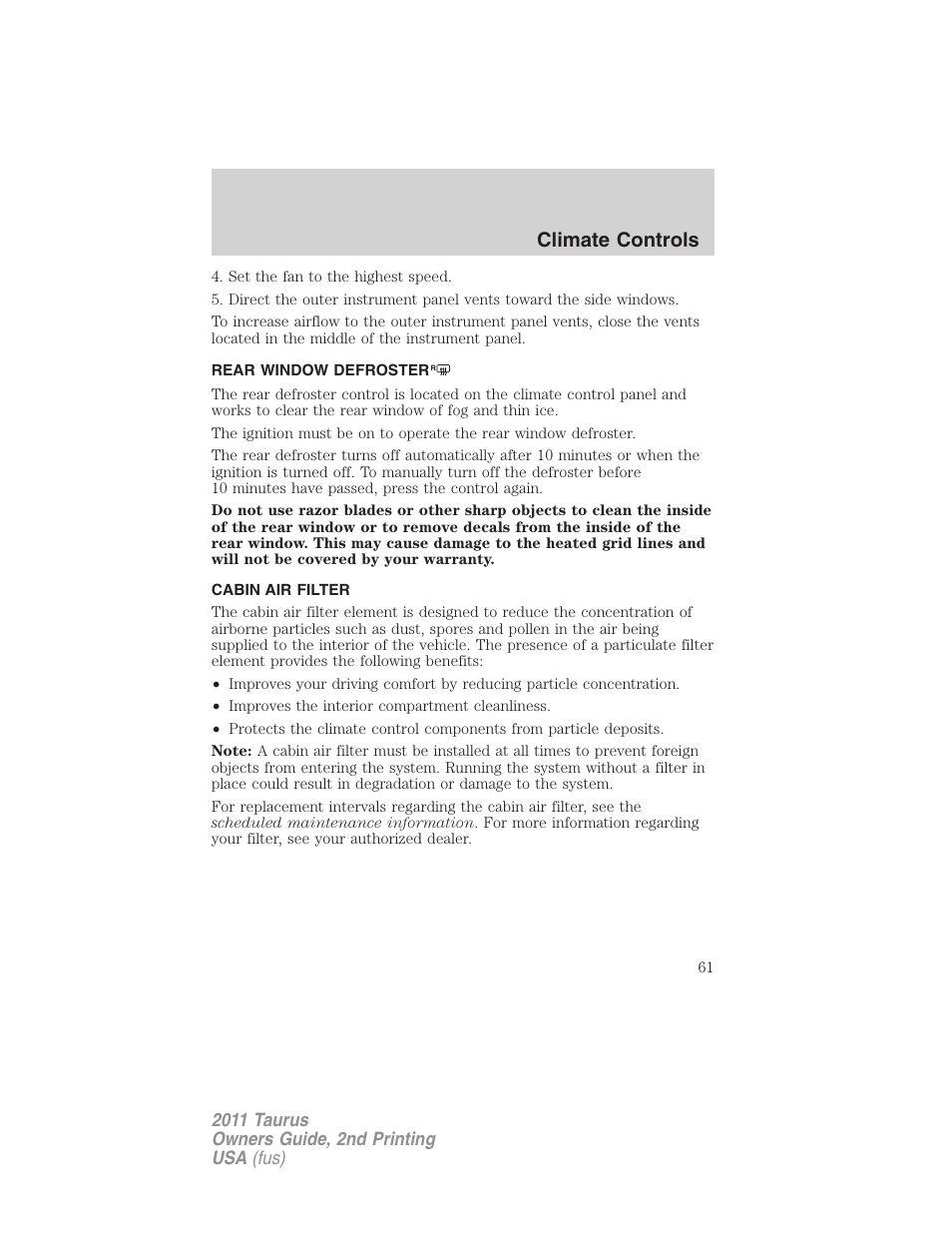 Rear window defroster, Cabin air filter, Climate controls | FORD 2011 Taurus v.2 User Manual | Page 61 / 404