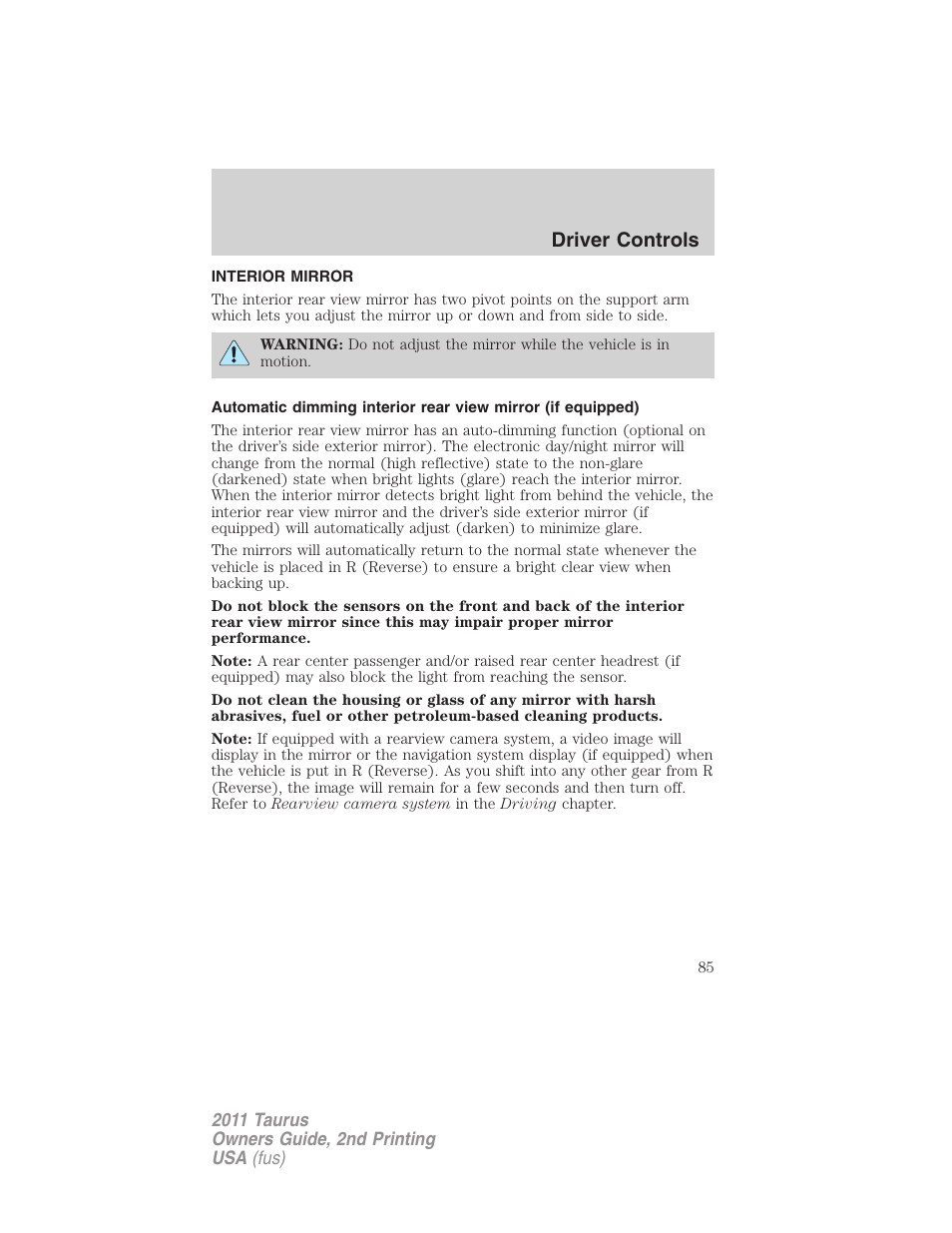 Interior mirror, Mirrors, Driver controls | FORD 2011 Taurus v.2 User Manual | Page 85 / 404