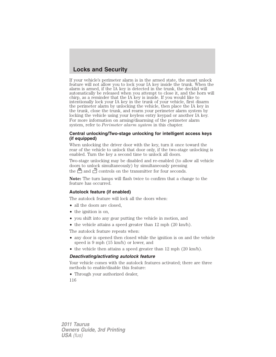 Autolock feature (if enabled), Deactivating/activating autolock feature, Locks and security | FORD 2011 Taurus v.3 User Manual | Page 116 / 408