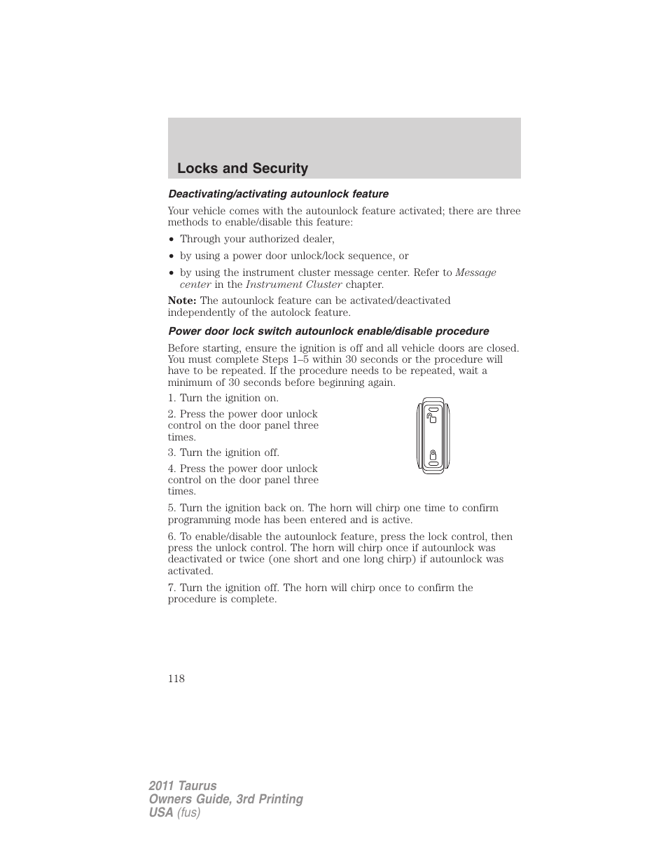 Deactivating/activating autounlock feature, Locks and security | FORD 2011 Taurus v.3 User Manual | Page 118 / 408