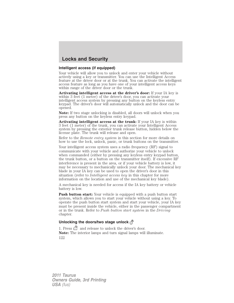 Intelligent access (if equipped), Unlocking the doors/two stage unlock, Locks and security | FORD 2011 Taurus v.3 User Manual | Page 122 / 408