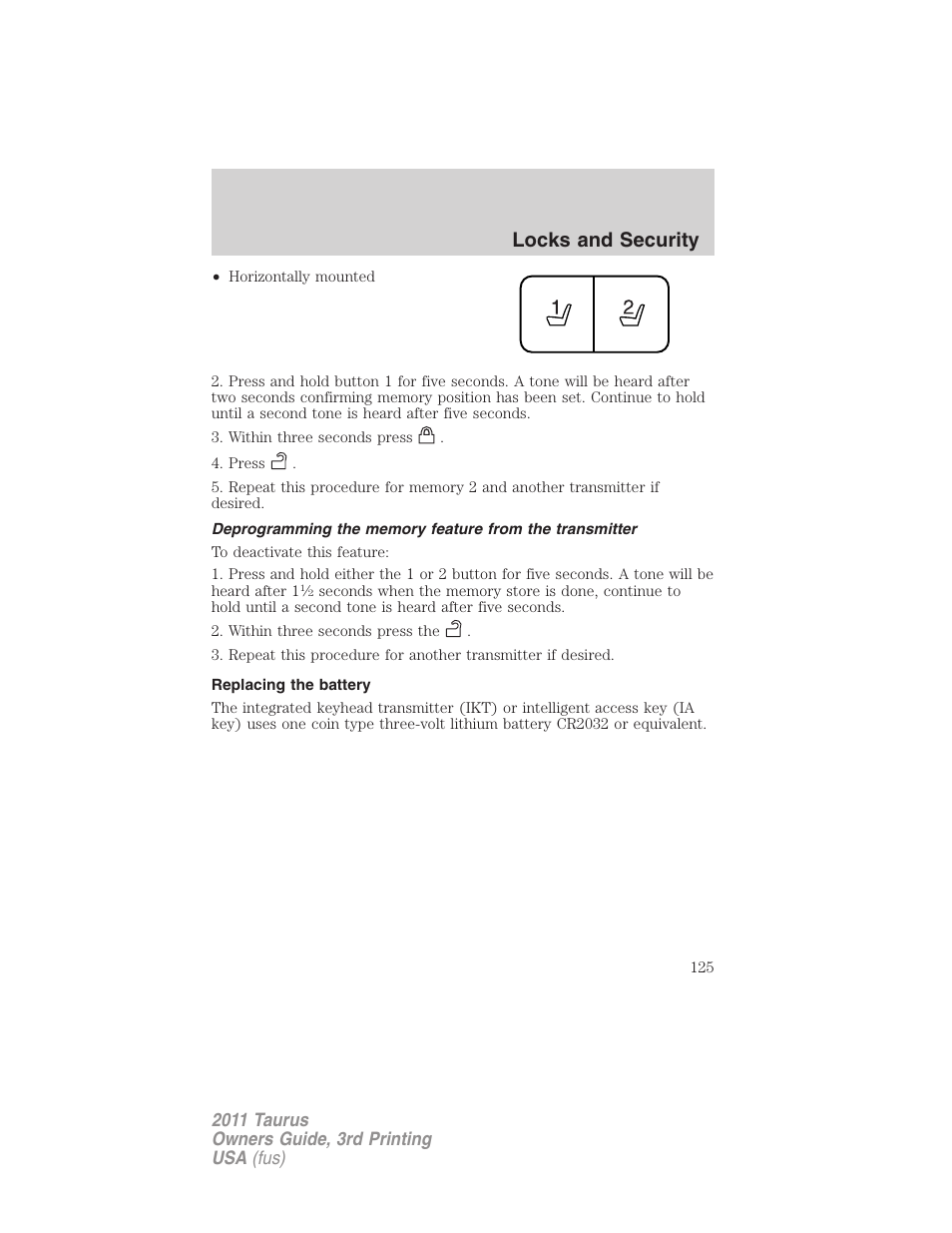 Replacing the battery, Locks and security | FORD 2011 Taurus v.3 User Manual | Page 125 / 408