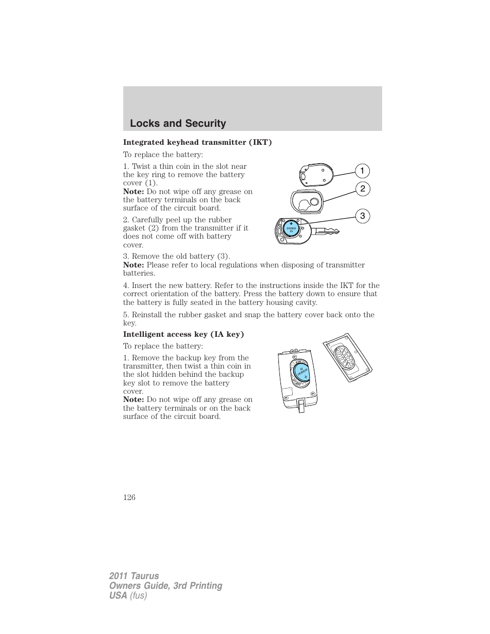 Locks and security | FORD 2011 Taurus v.3 User Manual | Page 126 / 408