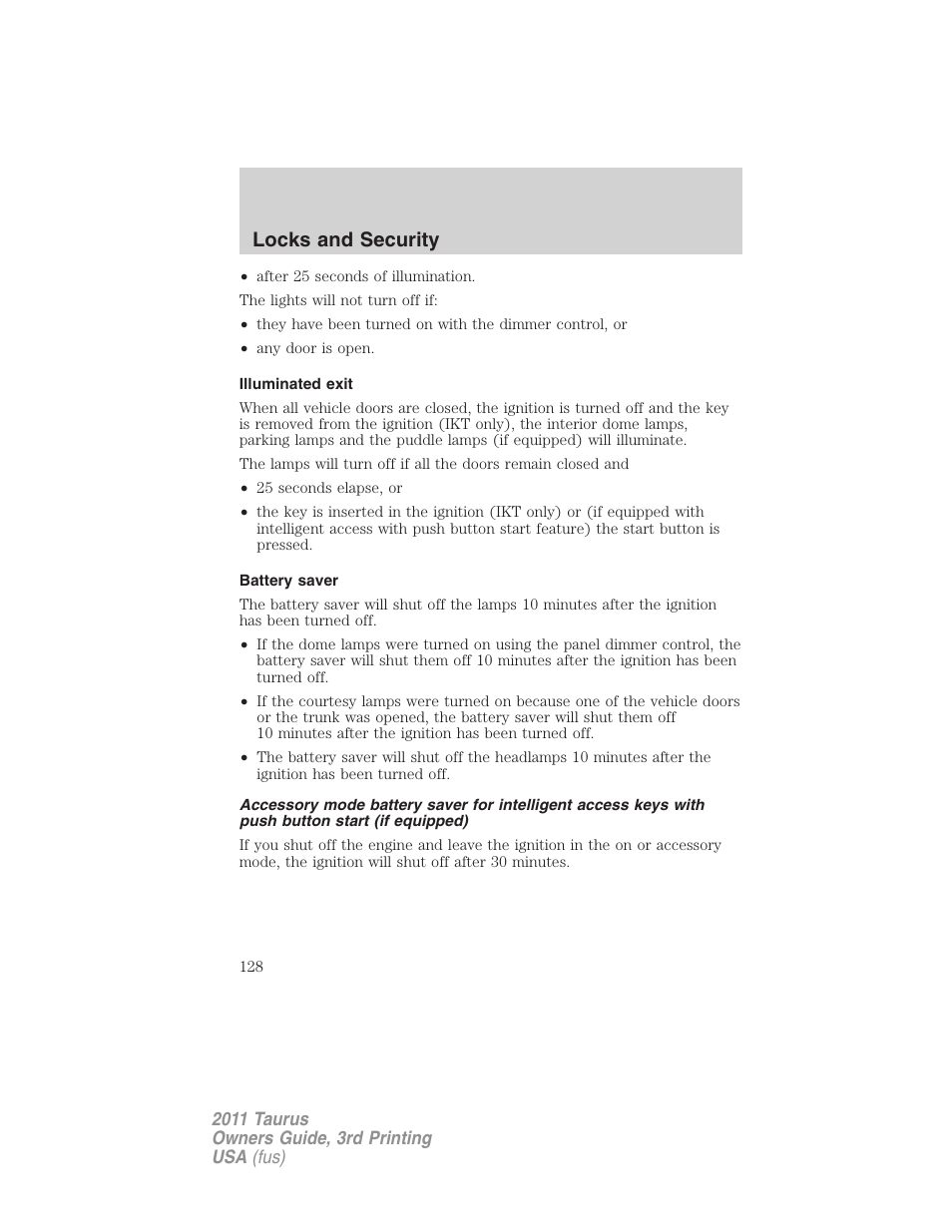 Illuminated exit, Battery saver, Locks and security | FORD 2011 Taurus v.3 User Manual | Page 128 / 408