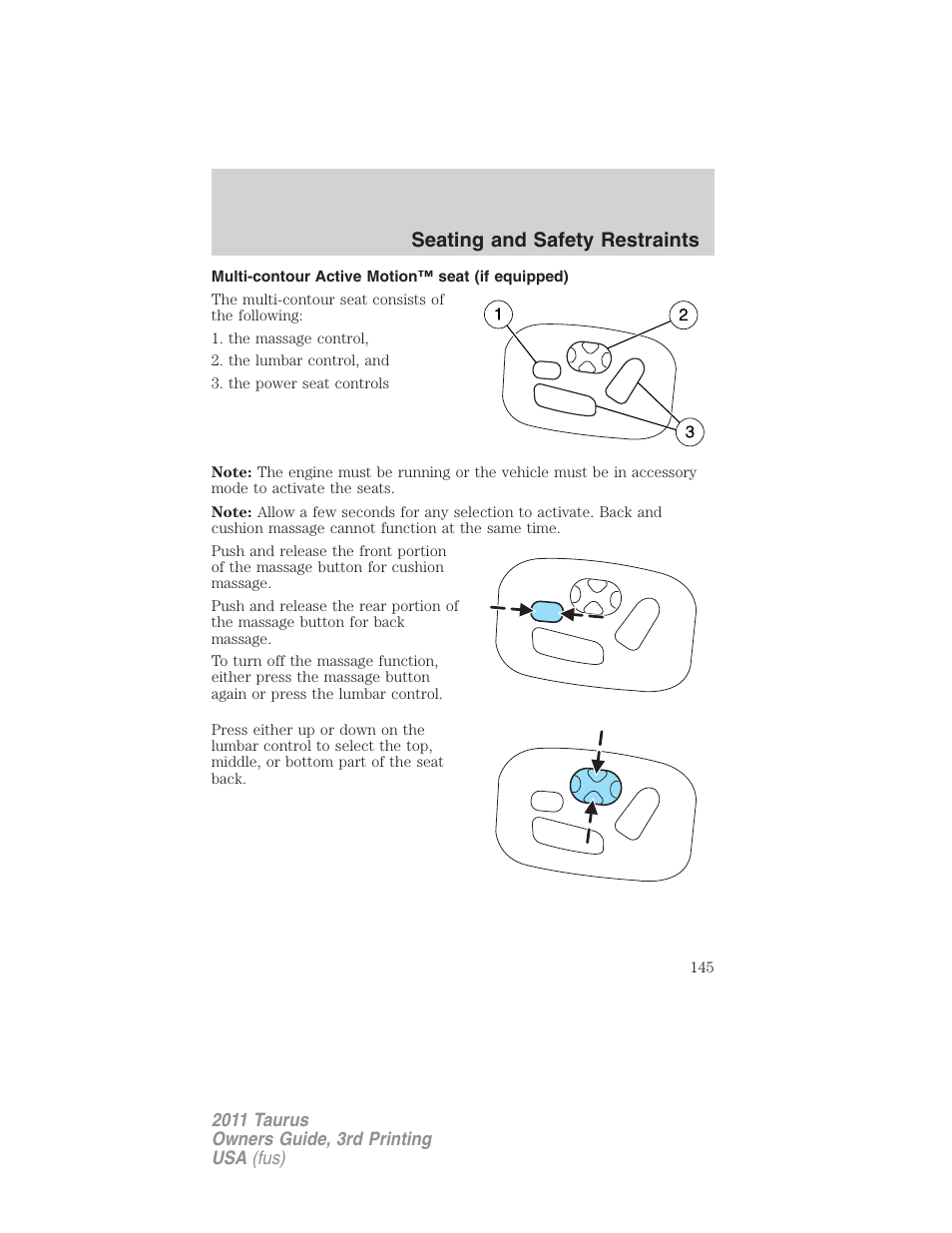 Multi-contour active motion™ seat (if equipped), Seating and safety restraints | FORD 2011 Taurus v.3 User Manual | Page 145 / 408