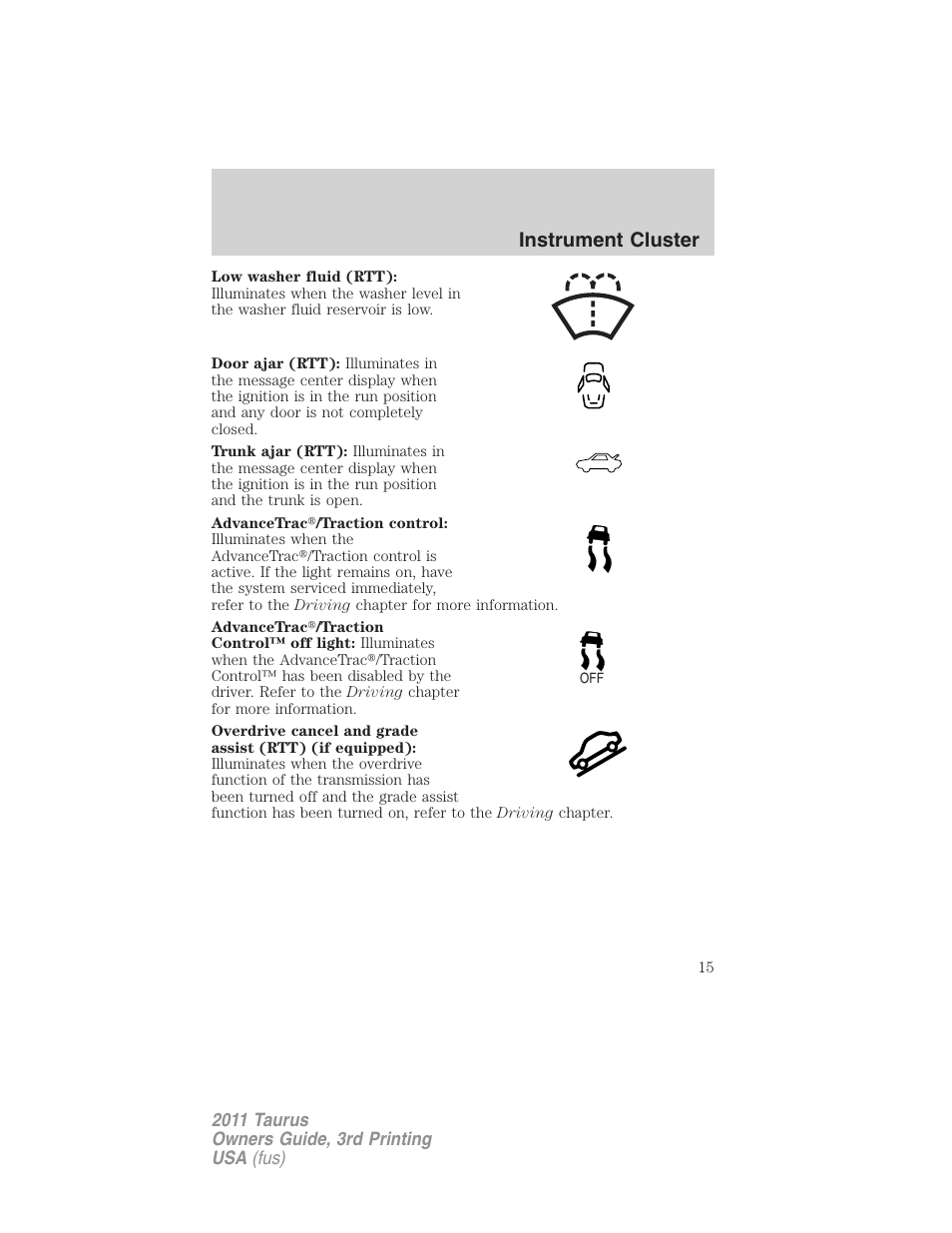 Instrument cluster | FORD 2011 Taurus v.3 User Manual | Page 15 / 408