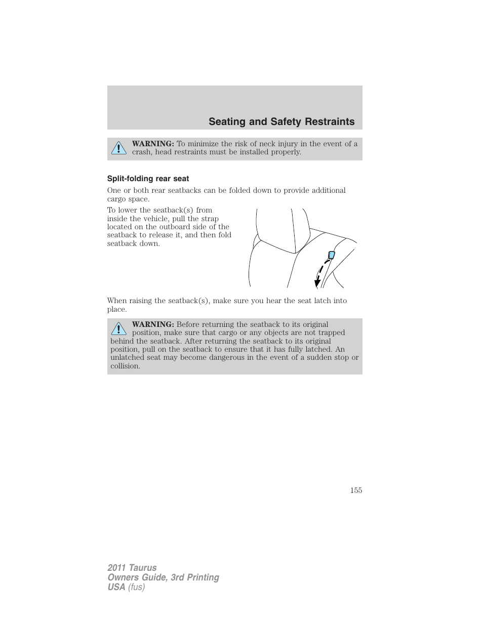 Split-folding rear seat, Seating and safety restraints | FORD 2011 Taurus v.3 User Manual | Page 155 / 408