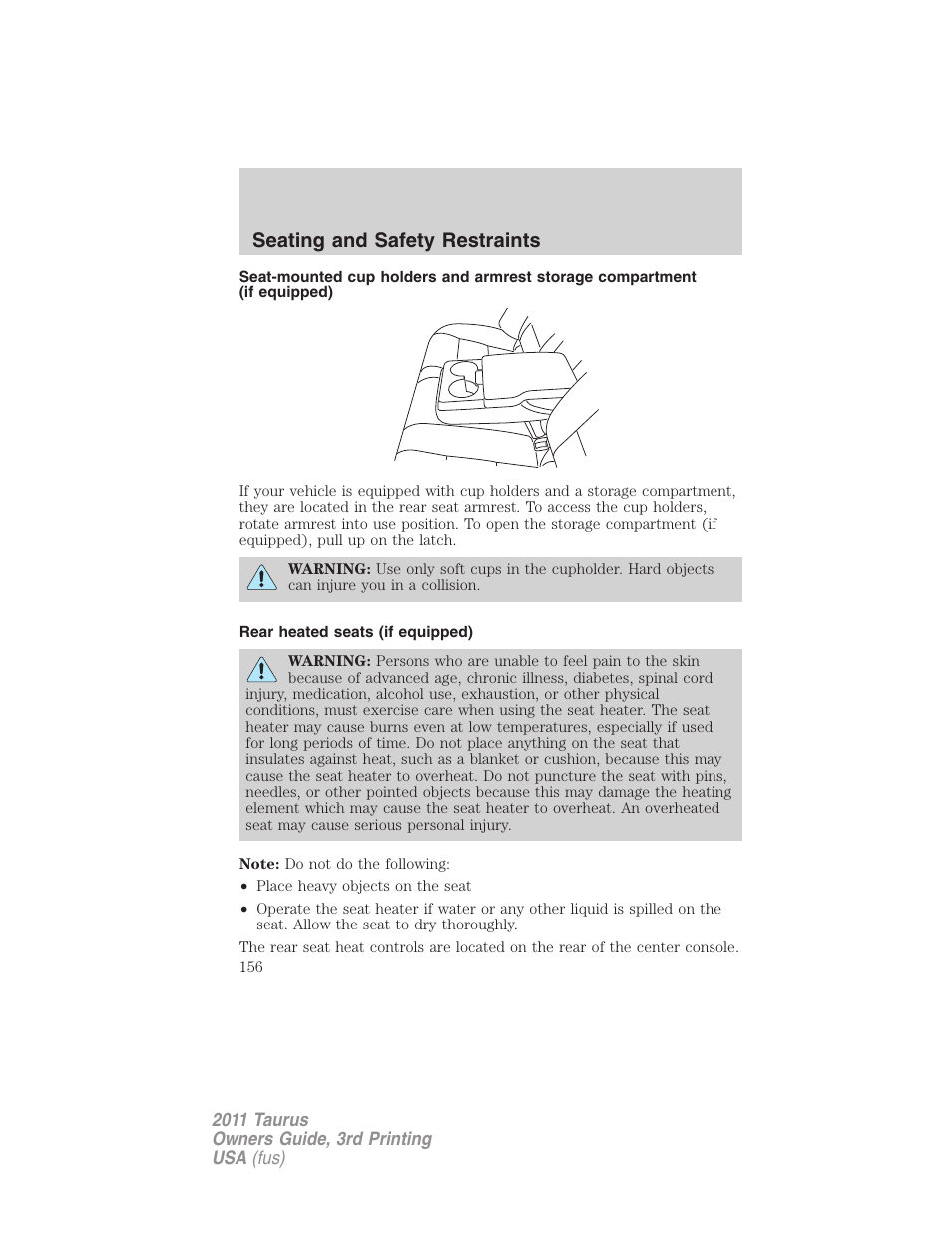 Rear heated seats (if equipped), Seating and safety restraints | FORD 2011 Taurus v.3 User Manual | Page 156 / 408