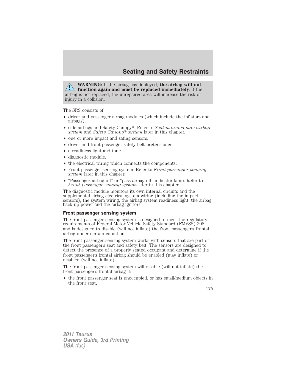 Front passenger sensing system, Seating and safety restraints | FORD 2011 Taurus v.3 User Manual | Page 175 / 408