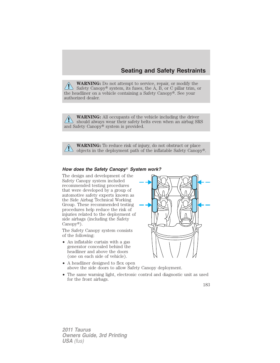 How does the safety canopy system work, Seating and safety restraints | FORD 2011 Taurus v.3 User Manual | Page 183 / 408