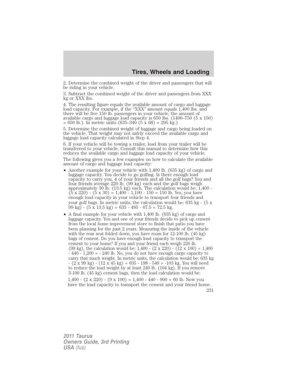 Tires, wheels and loading | FORD 2011 Taurus v.3 User Manual | Page 231 / 408