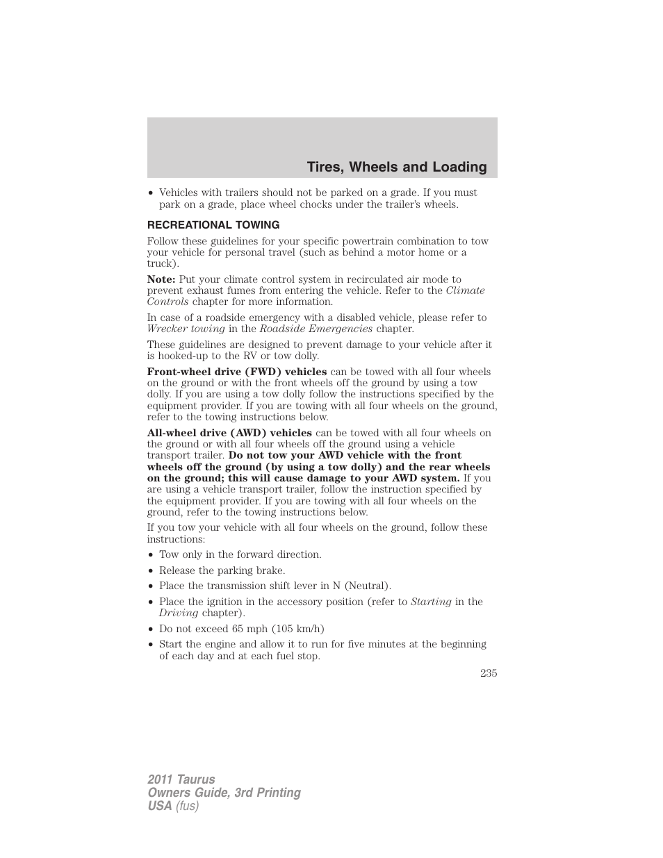 Recreational towing, Tires, wheels and loading | FORD 2011 Taurus v.3 User Manual | Page 235 / 408