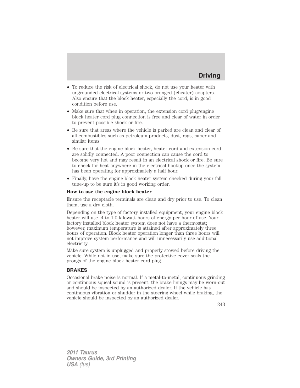 Brakes, Driving | FORD 2011 Taurus v.3 User Manual | Page 243 / 408