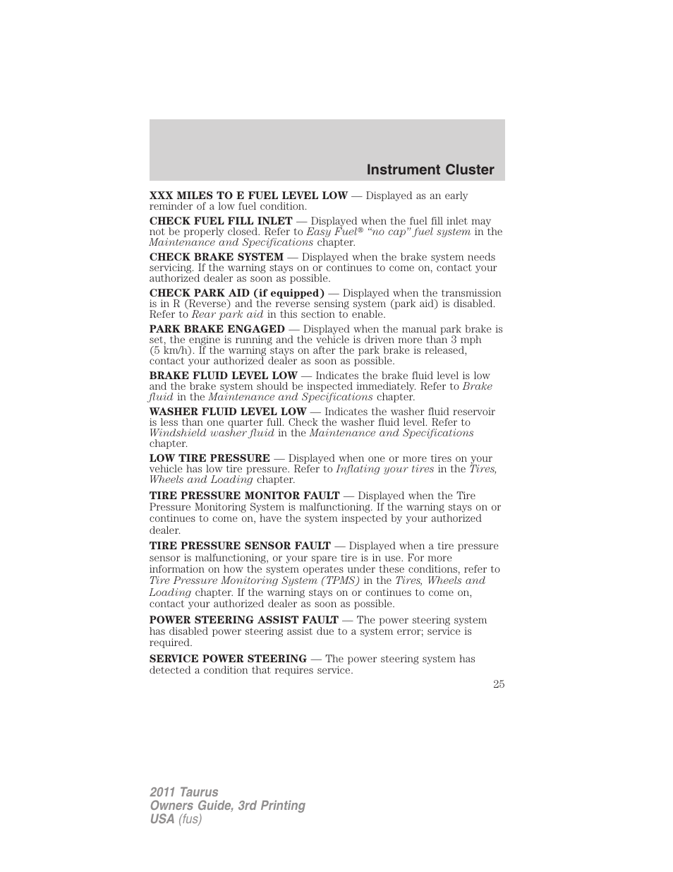 Instrument cluster | FORD 2011 Taurus v.3 User Manual | Page 25 / 408