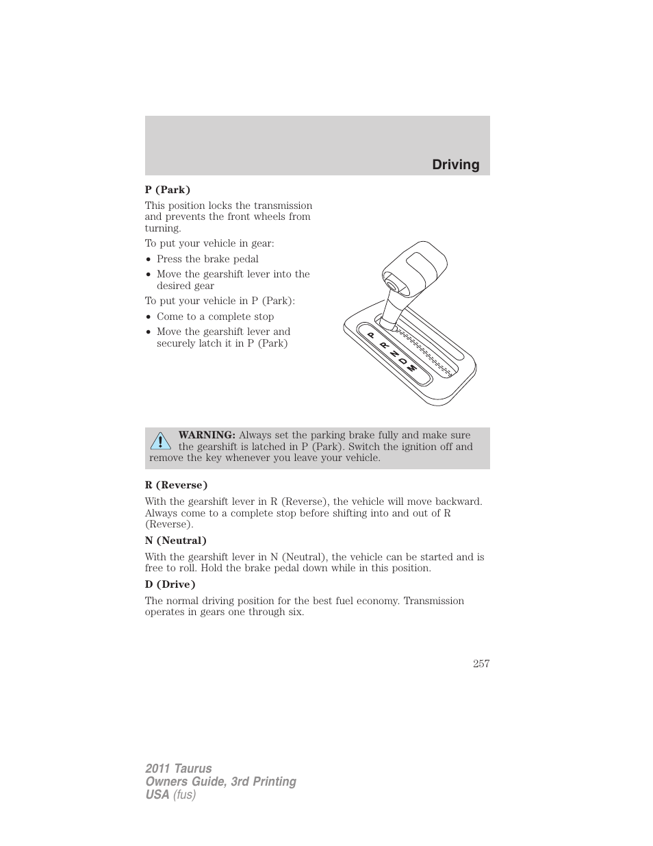 Driving | FORD 2011 Taurus v.3 User Manual | Page 257 / 408