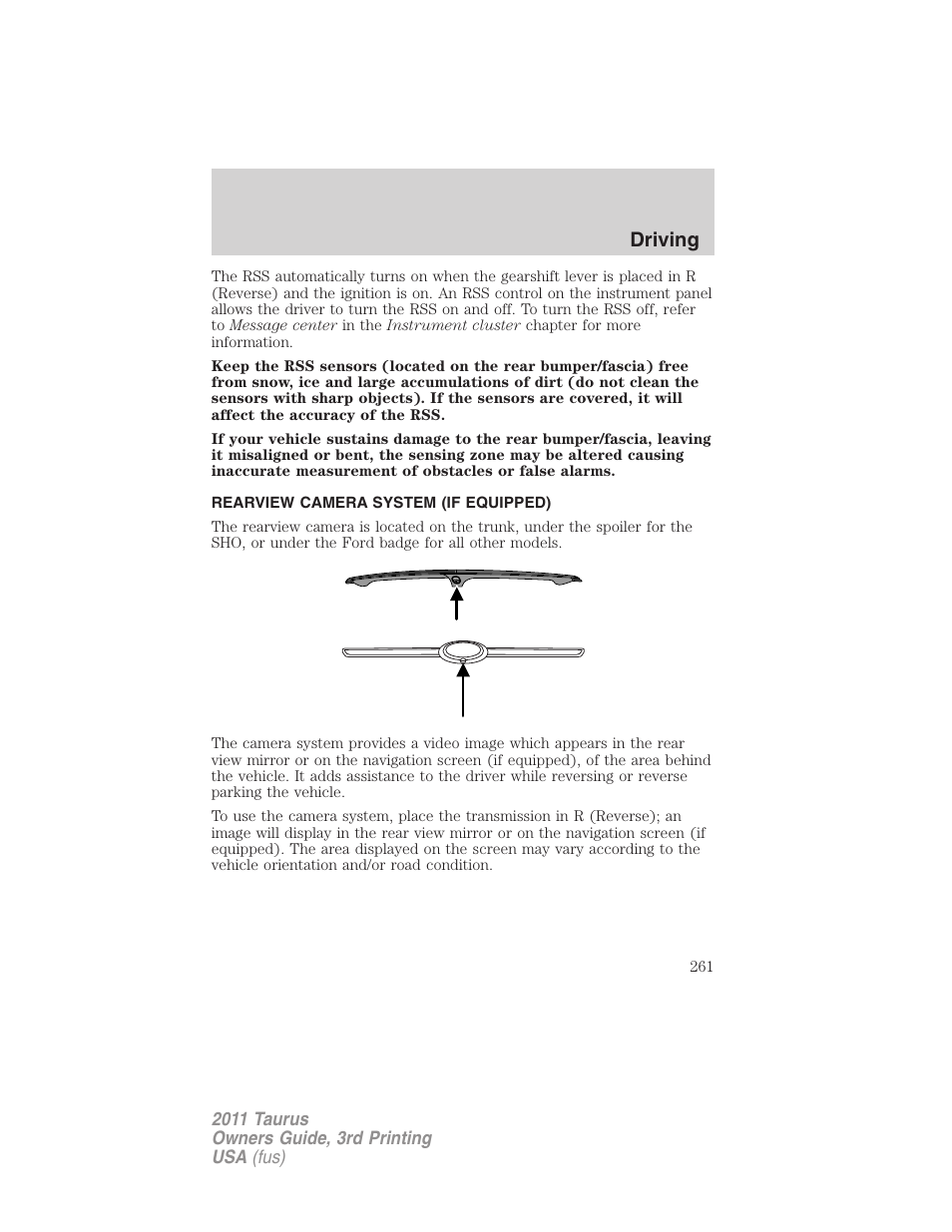 Rearview camera system (if equipped), Rear-view camera system, Driving | FORD 2011 Taurus v.3 User Manual | Page 261 / 408