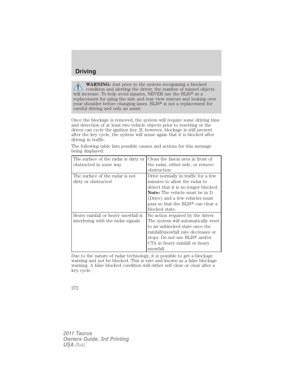Driving | FORD 2011 Taurus v.3 User Manual | Page 272 / 408