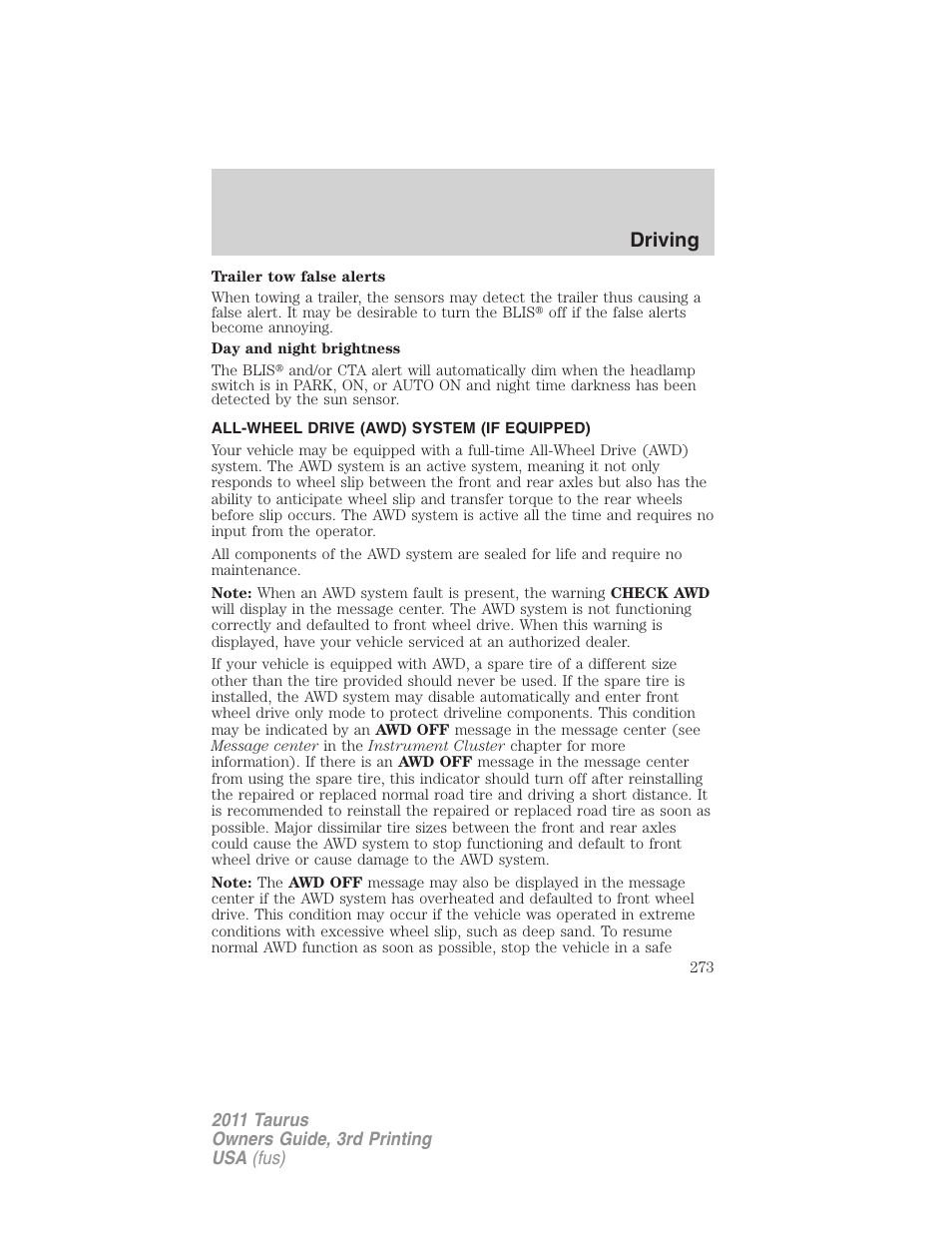 All-wheel drive (awd) system (if equipped), Driving | FORD 2011 Taurus v.3 User Manual | Page 273 / 408