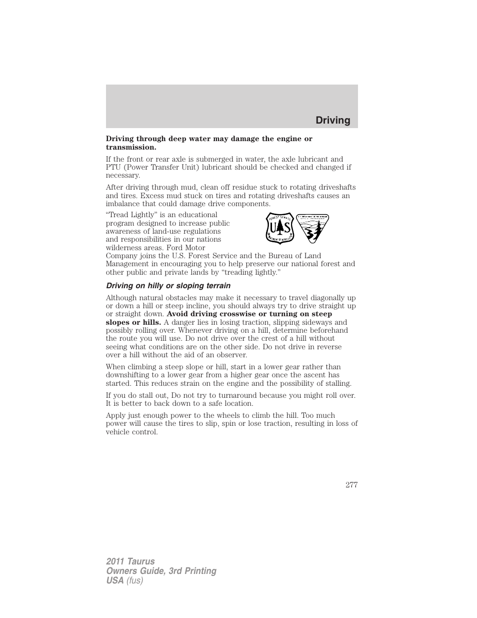 Driving on hilly or sloping terrain, Driving | FORD 2011 Taurus v.3 User Manual | Page 277 / 408