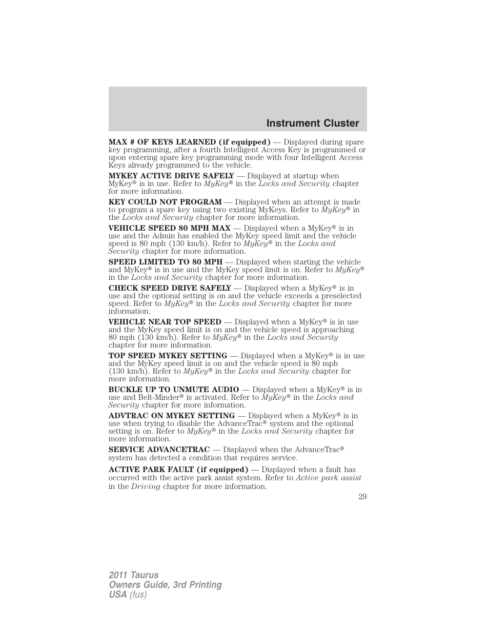 Instrument cluster | FORD 2011 Taurus v.3 User Manual | Page 29 / 408