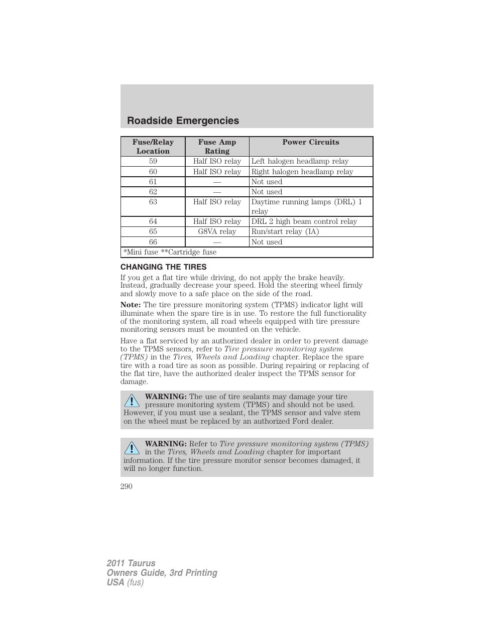 Changing the tires, Changing tires, Roadside emergencies | FORD 2011 Taurus v.3 User Manual | Page 290 / 408