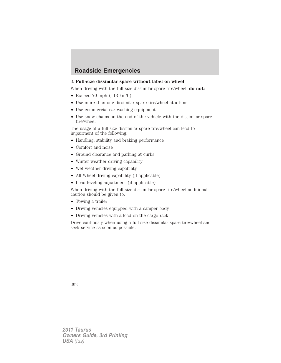 Roadside emergencies | FORD 2011 Taurus v.3 User Manual | Page 292 / 408