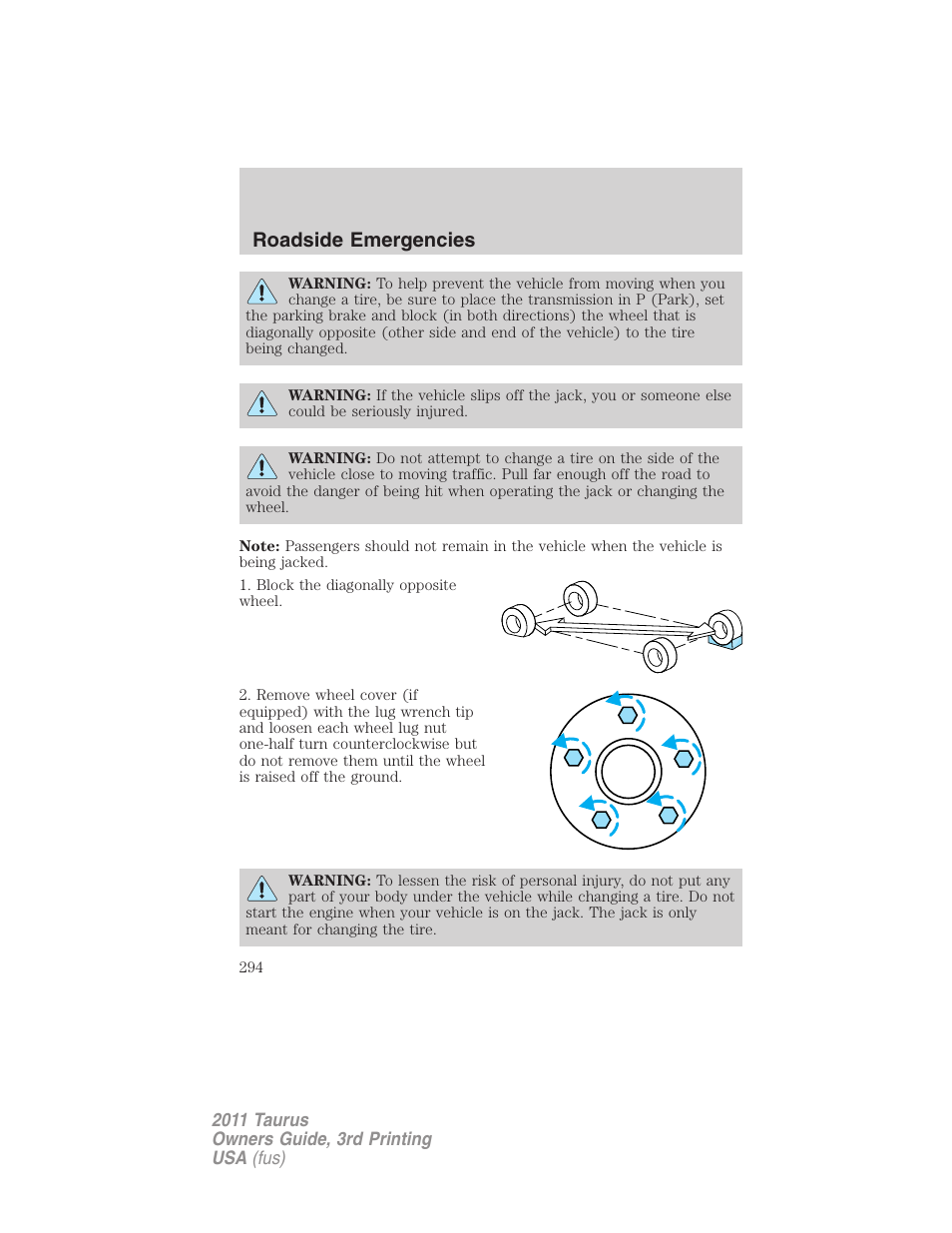 Roadside emergencies | FORD 2011 Taurus v.3 User Manual | Page 294 / 408