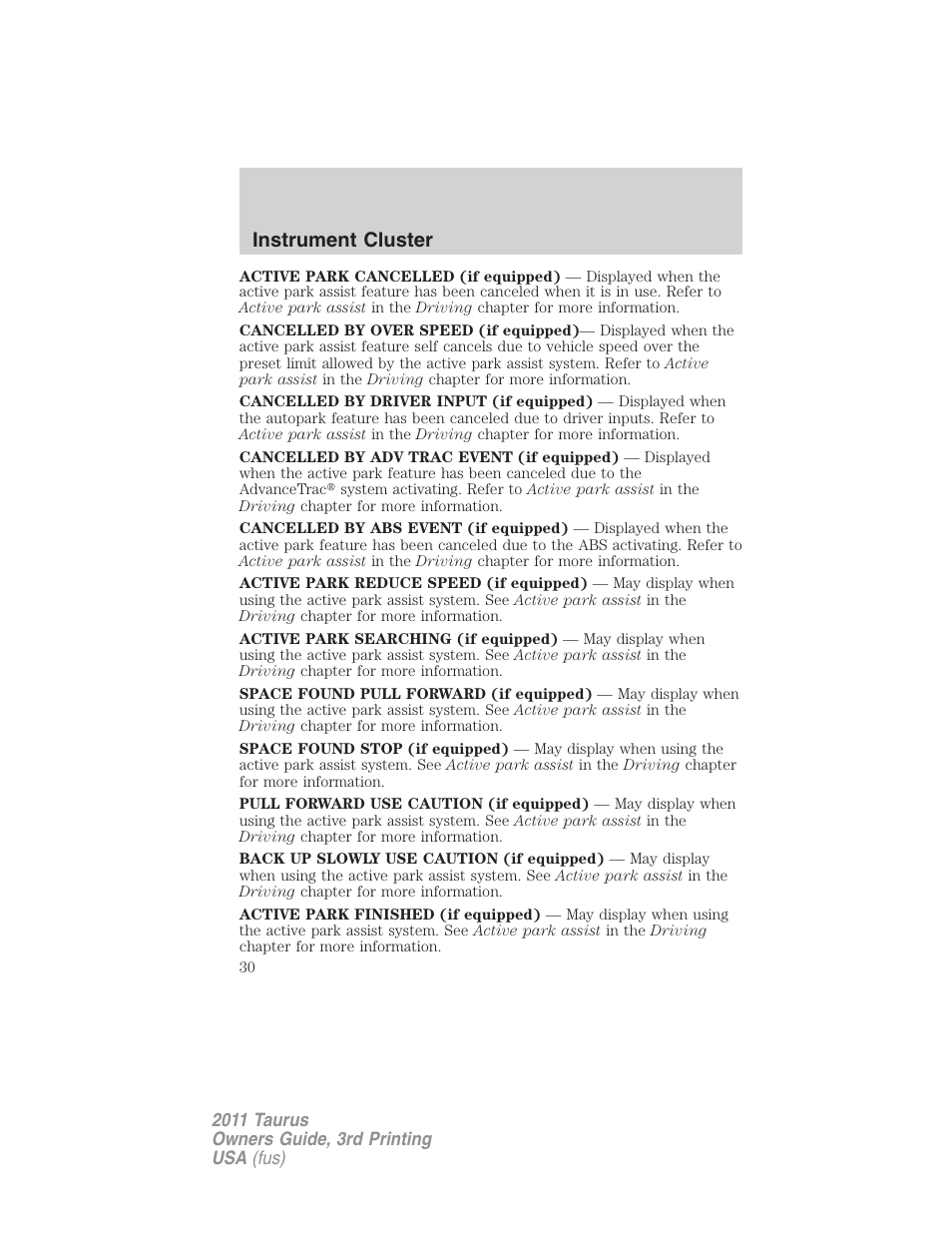 Instrument cluster | FORD 2011 Taurus v.3 User Manual | Page 30 / 408