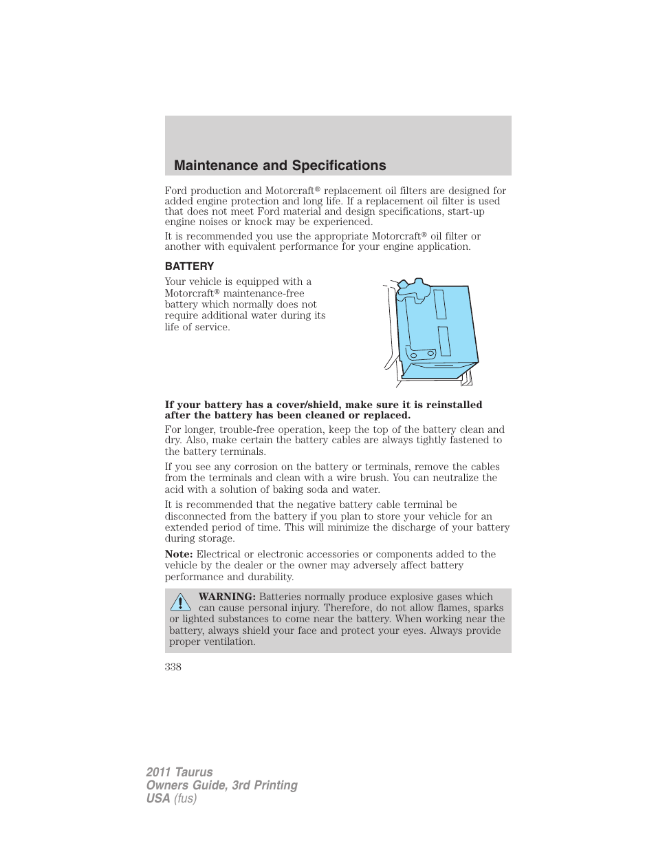 Battery, Maintenance and specifications | FORD 2011 Taurus v.3 User Manual | Page 338 / 408