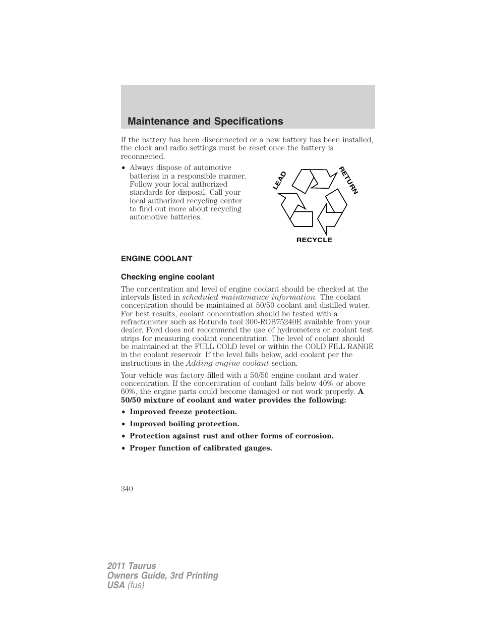 Engine coolant, Checking engine coolant, Maintenance and specifications | FORD 2011 Taurus v.3 User Manual | Page 340 / 408