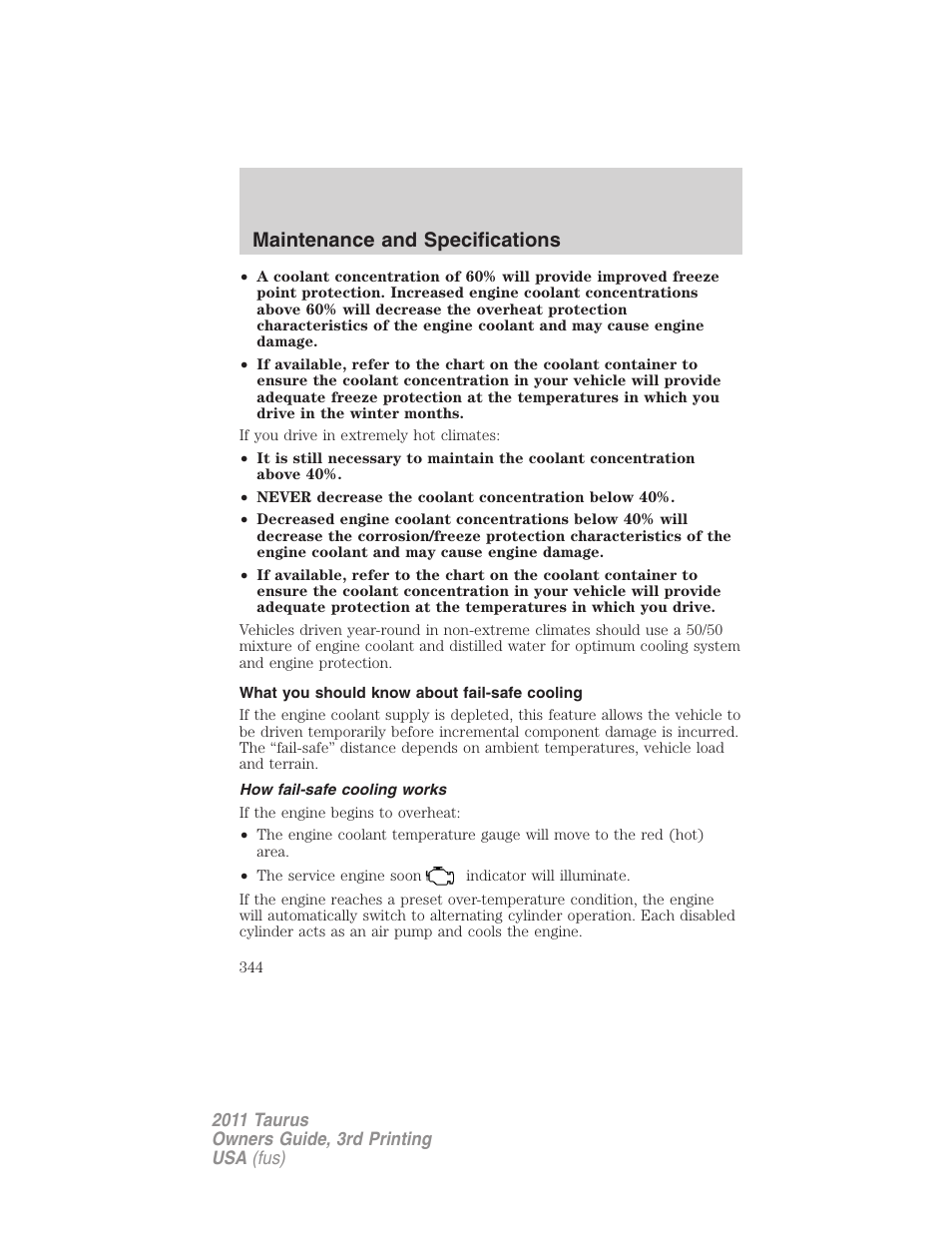 What you should know about fail-safe cooling, How fail-safe cooling works, Maintenance and specifications | FORD 2011 Taurus v.3 User Manual | Page 344 / 408