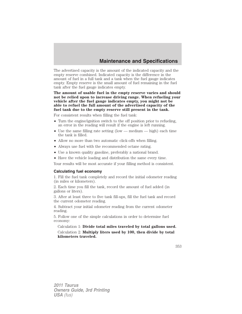 Calculating fuel economy, Maintenance and specifications | FORD 2011 Taurus v.3 User Manual | Page 353 / 408