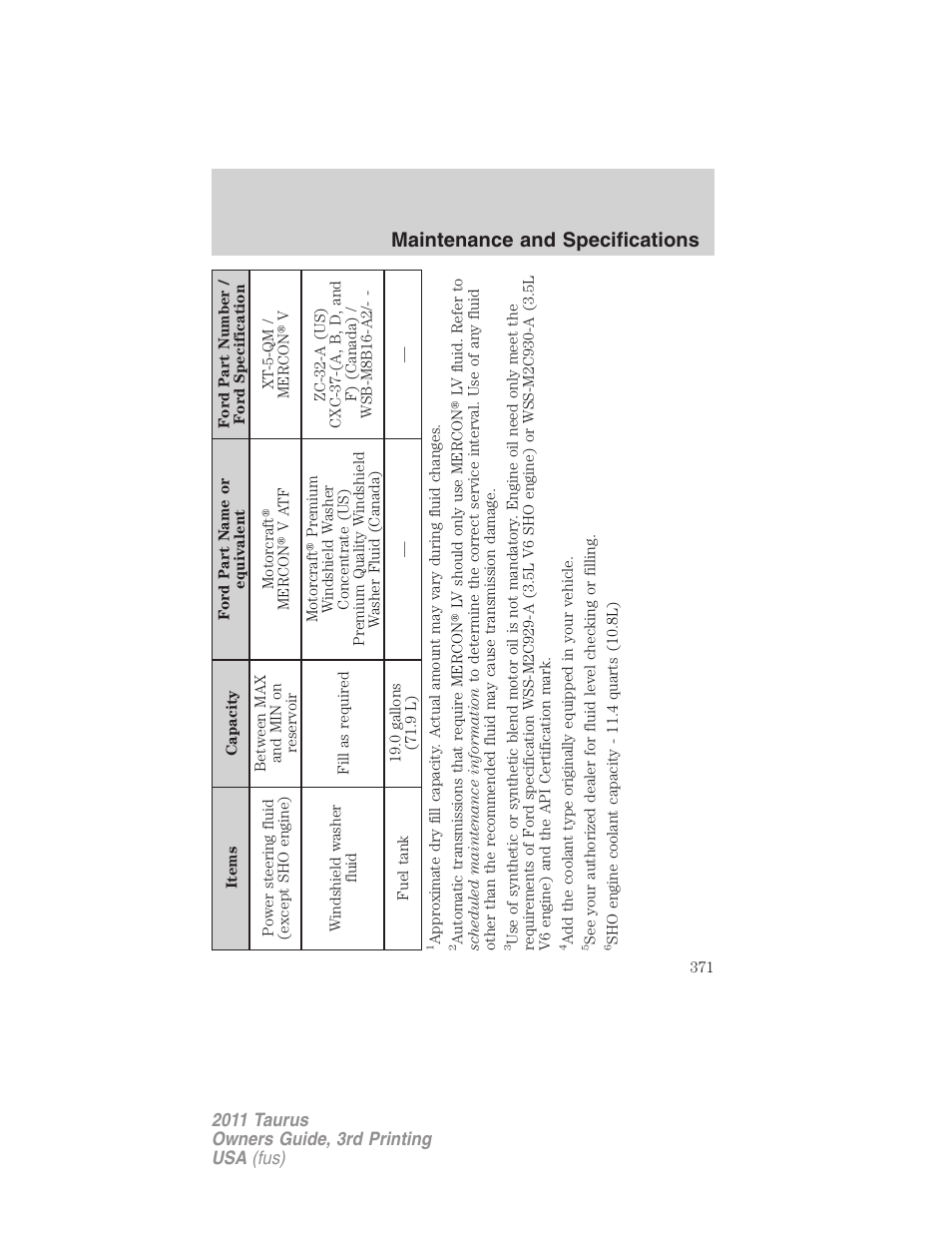 Maintenance and specifications | FORD 2011 Taurus v.3 User Manual | Page 371 / 408