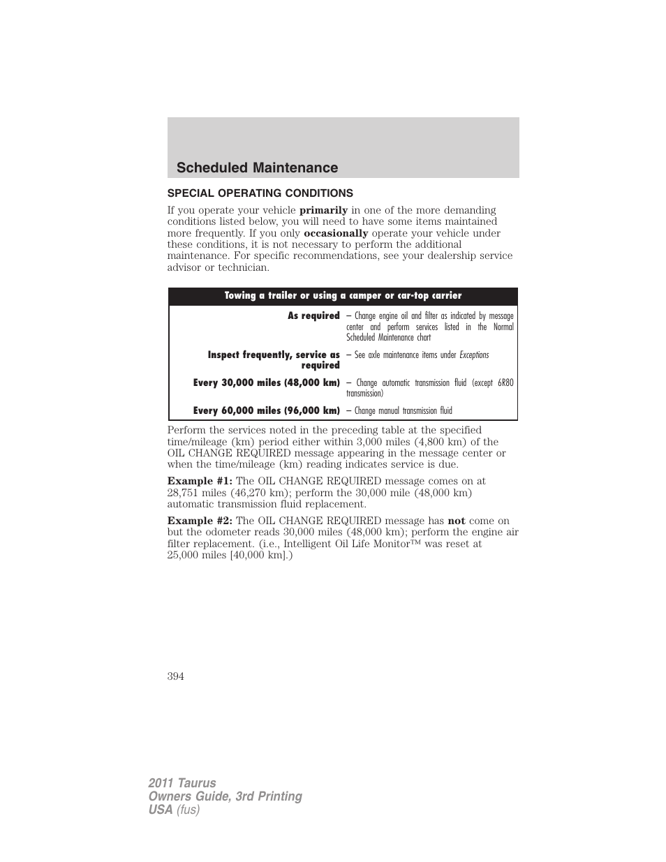 Special operating conditions, Scheduled maintenance | FORD 2011 Taurus v.3 User Manual | Page 394 / 408