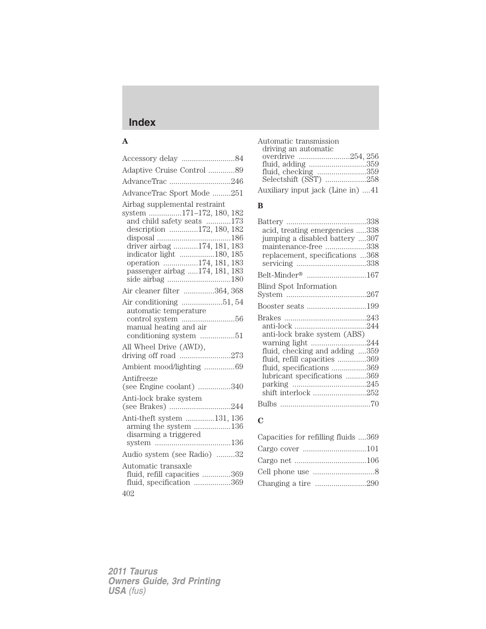 Index | FORD 2011 Taurus v.3 User Manual | Page 402 / 408