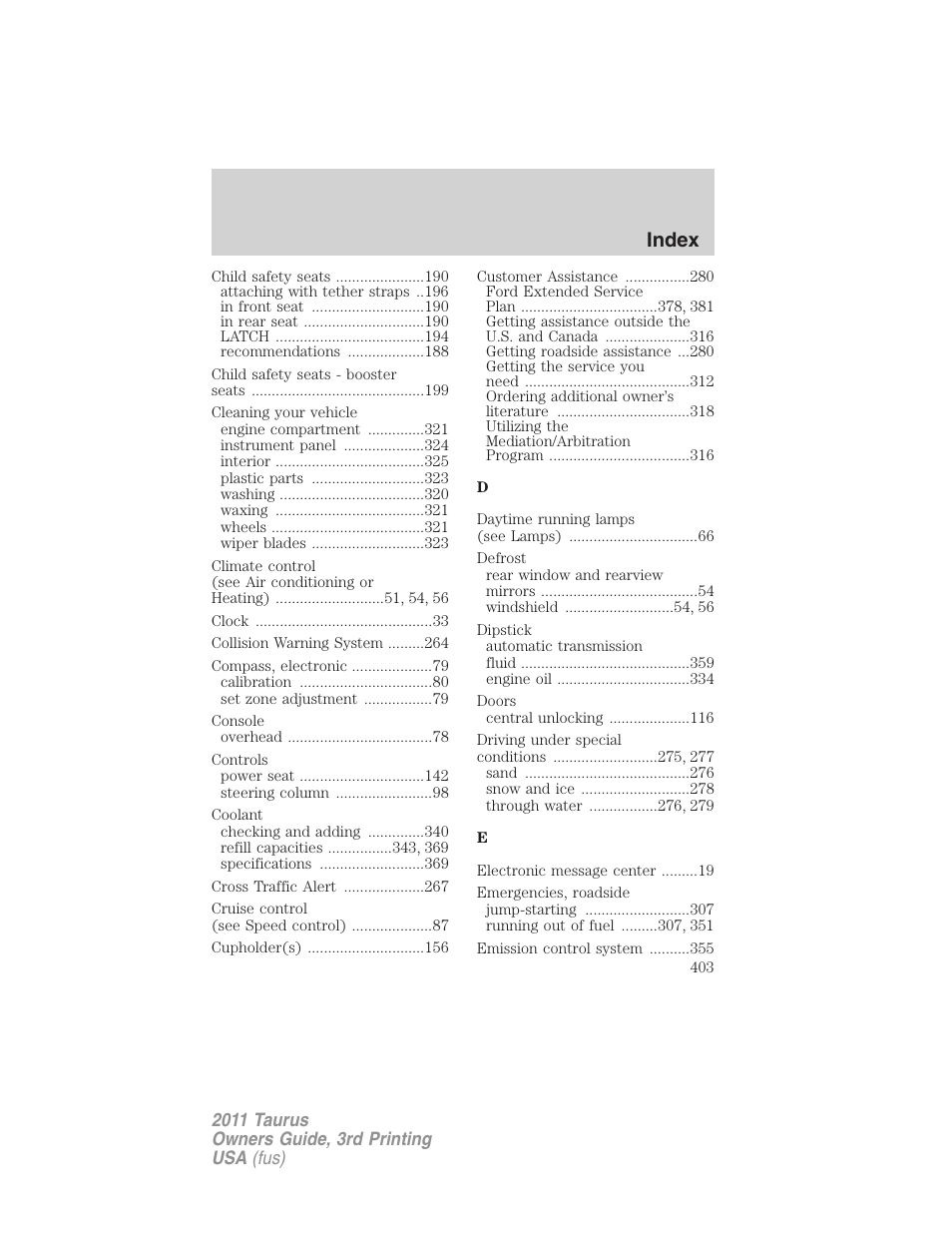 Index | FORD 2011 Taurus v.3 User Manual | Page 403 / 408