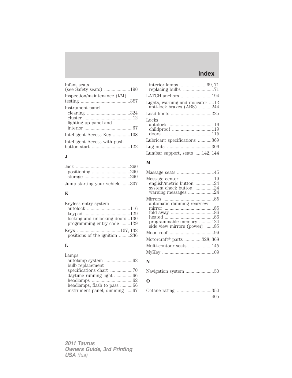 Index | FORD 2011 Taurus v.3 User Manual | Page 405 / 408