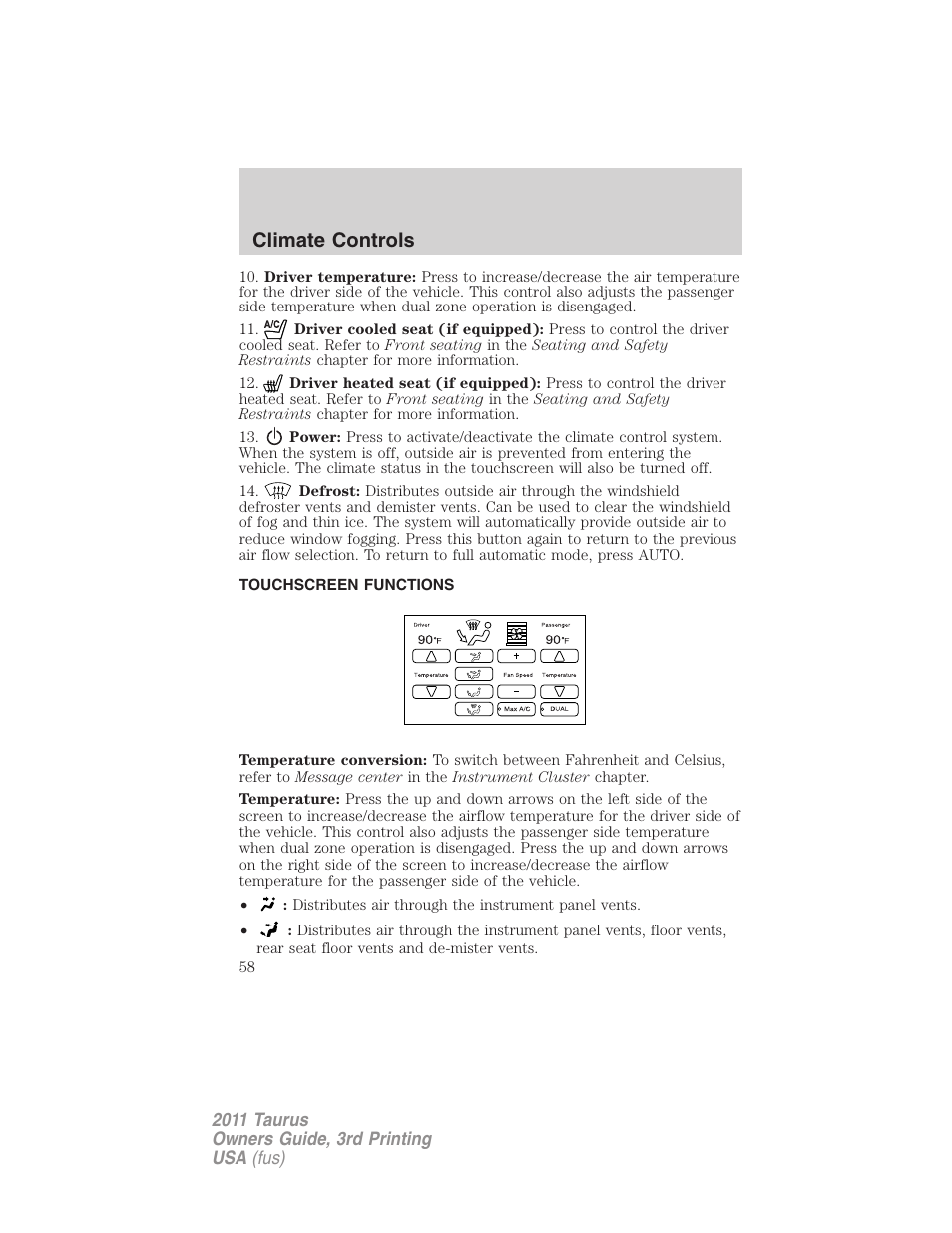 Touchscreen functions, Climate controls | FORD 2011 Taurus v.3 User Manual | Page 58 / 408