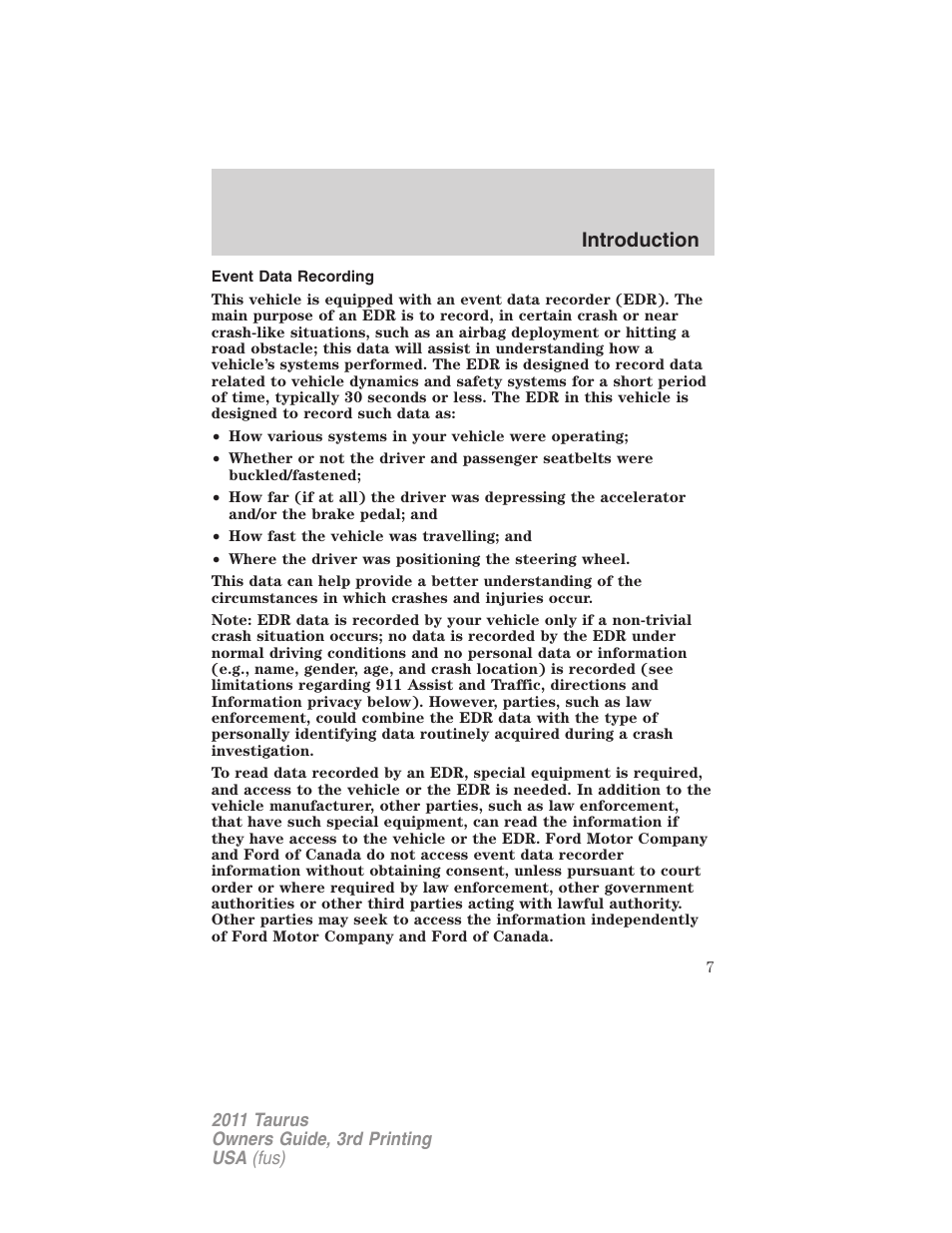 Event data recording, Introduction | FORD 2011 Taurus v.3 User Manual | Page 7 / 408
