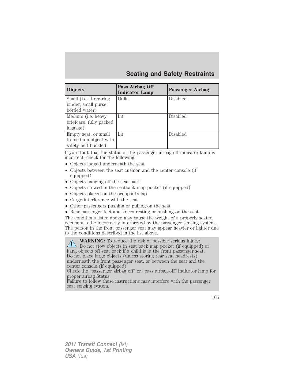 Seating and safety restraints | FORD 2011 Transit Connect v.1 User Manual | Page 105 / 294