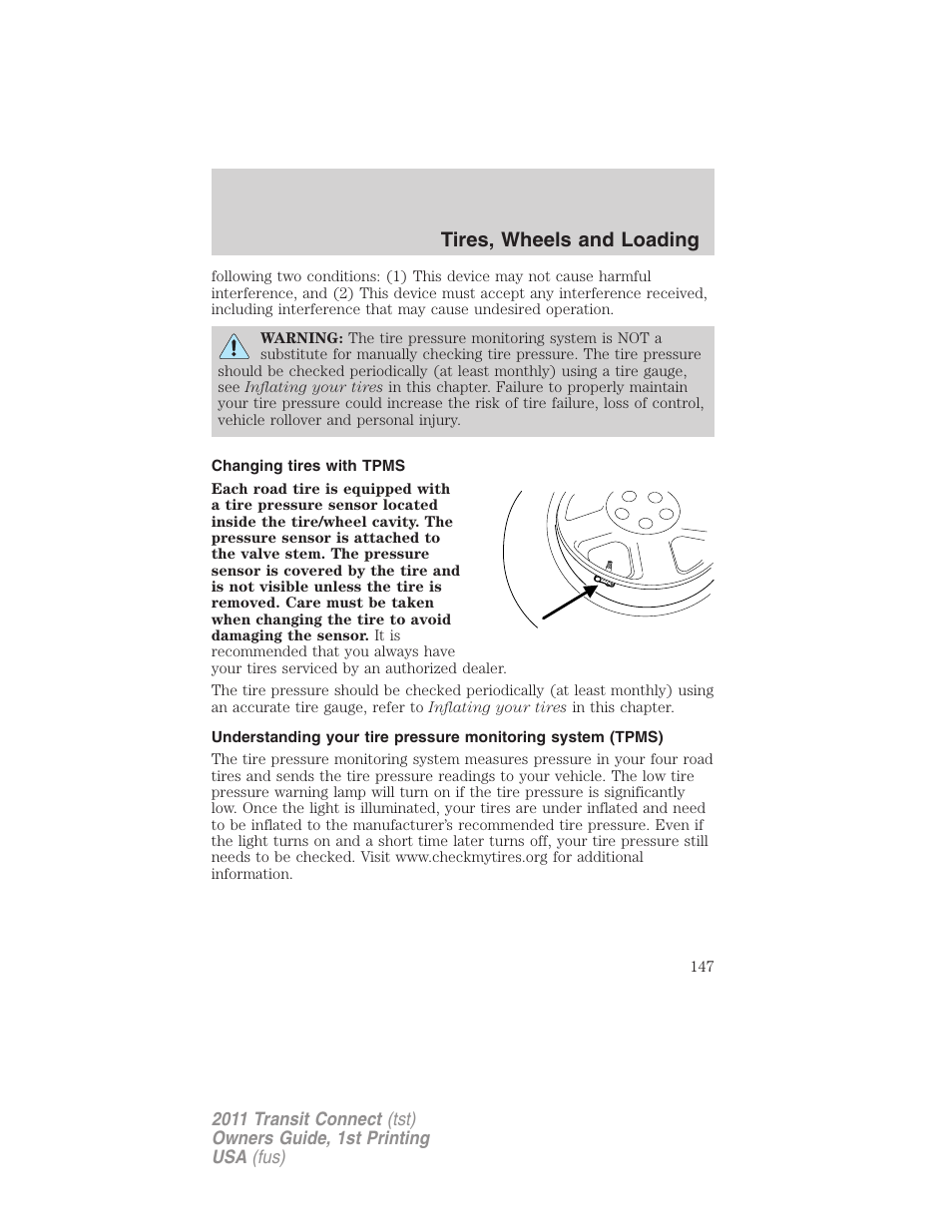 Changing tires with tpms, Tires, wheels and loading | FORD 2011 Transit Connect v.1 User Manual | Page 147 / 294