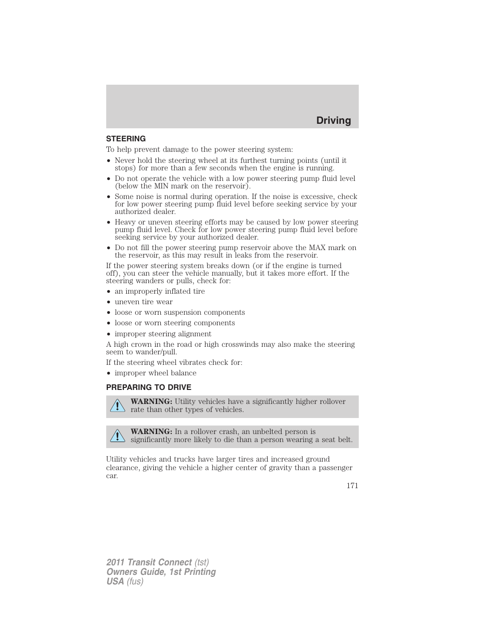 Steering, Preparing to drive, Driving | FORD 2011 Transit Connect v.1 User Manual | Page 171 / 294