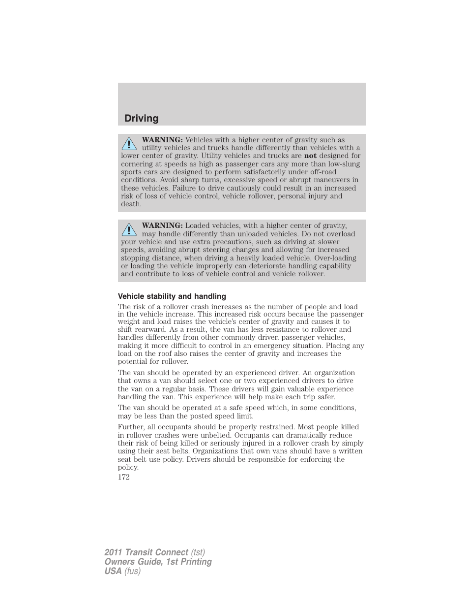 Vehicle stability and handling, Driving | FORD 2011 Transit Connect v.1 User Manual | Page 172 / 294