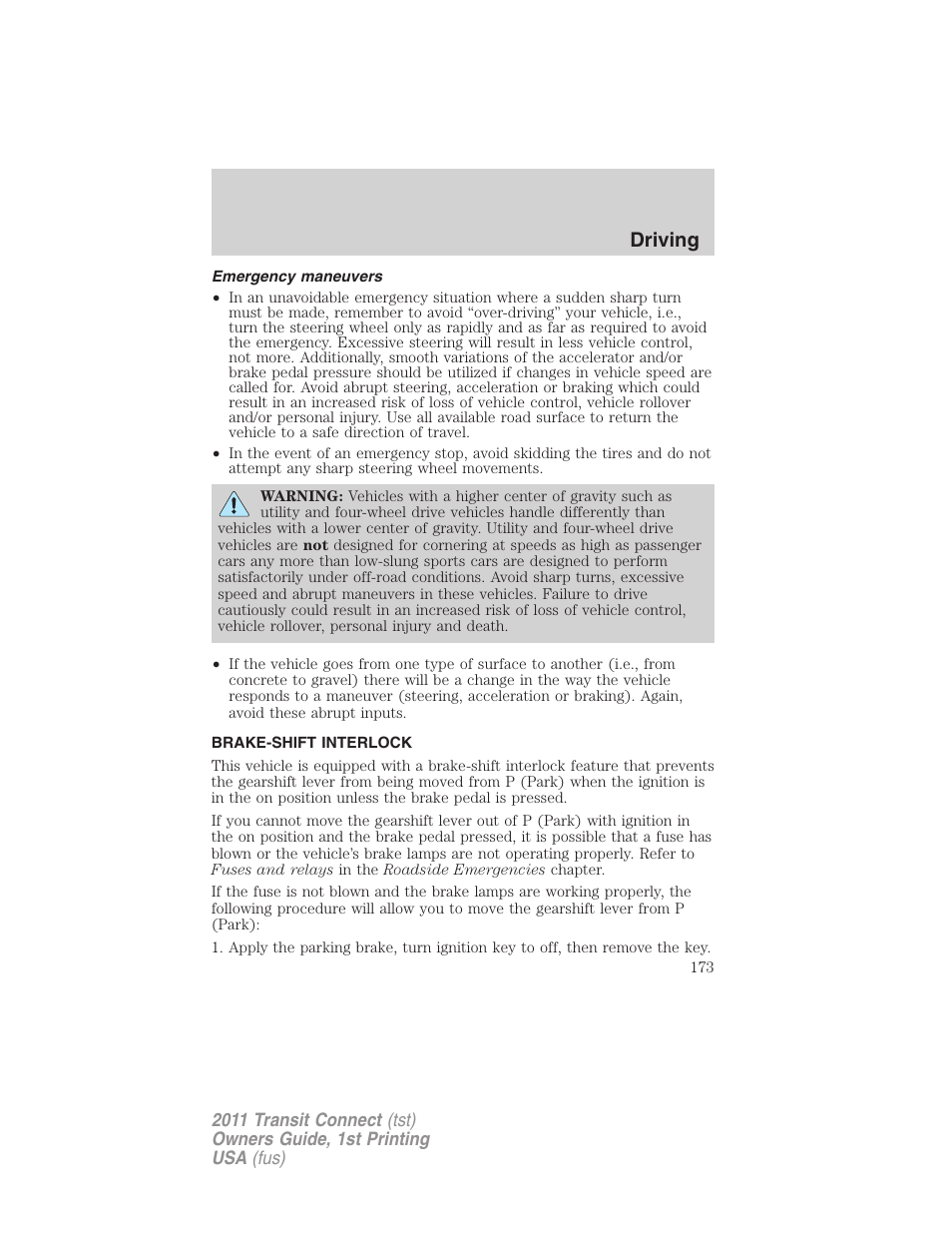 Emergency maneuvers, Brake-shift interlock, Driving | FORD 2011 Transit Connect v.1 User Manual | Page 173 / 294