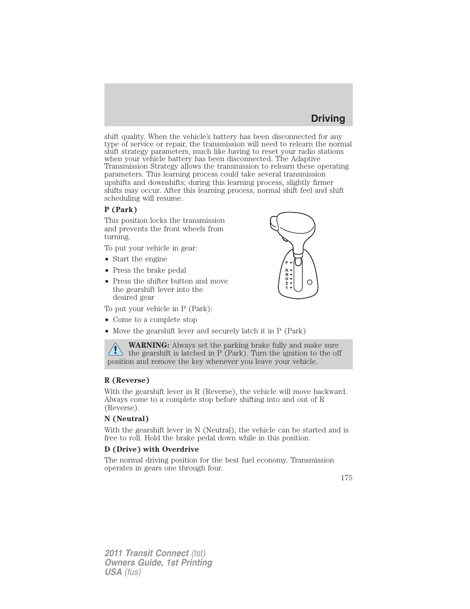 Driving | FORD 2011 Transit Connect v.1 User Manual | Page 175 / 294