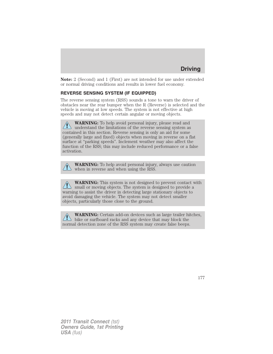 Reverse sensing system (if equipped), Reverse sensing system, Driving | FORD 2011 Transit Connect v.1 User Manual | Page 177 / 294