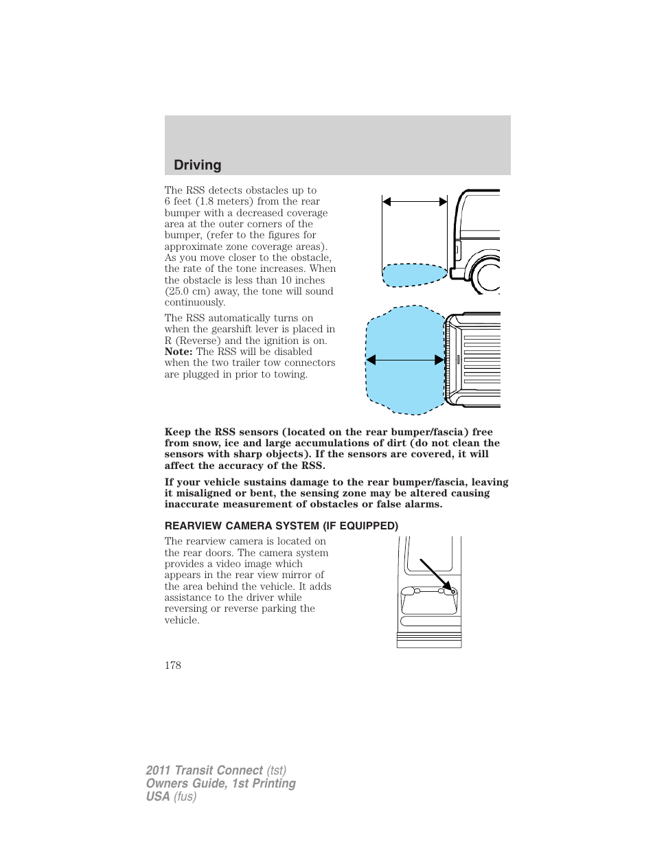 Rearview camera system (if equipped), Rear-view camera system, Driving | FORD 2011 Transit Connect v.1 User Manual | Page 178 / 294