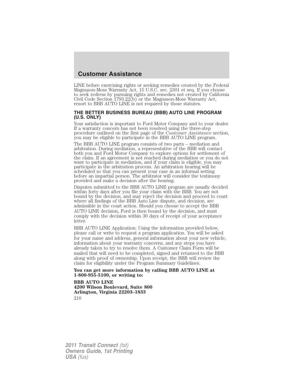 Customer assistance | FORD 2011 Transit Connect v.1 User Manual | Page 210 / 294
