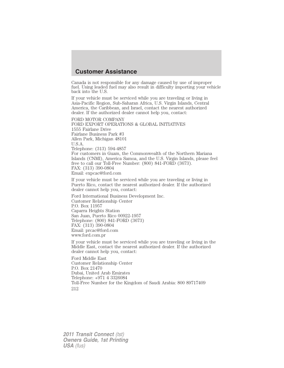Customer assistance | FORD 2011 Transit Connect v.1 User Manual | Page 212 / 294